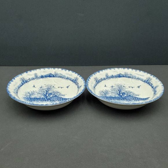 International Tableworks Riverwood Coupe Soup Cereal Bowls Blue Farm Scene - Picture 6 of 8